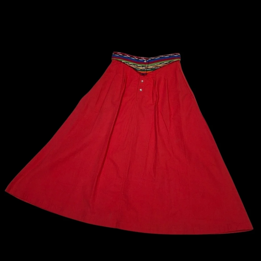 Guatemala Textiles Handwoven Cotton Serape Waist Red Corte Skirt  Size Small